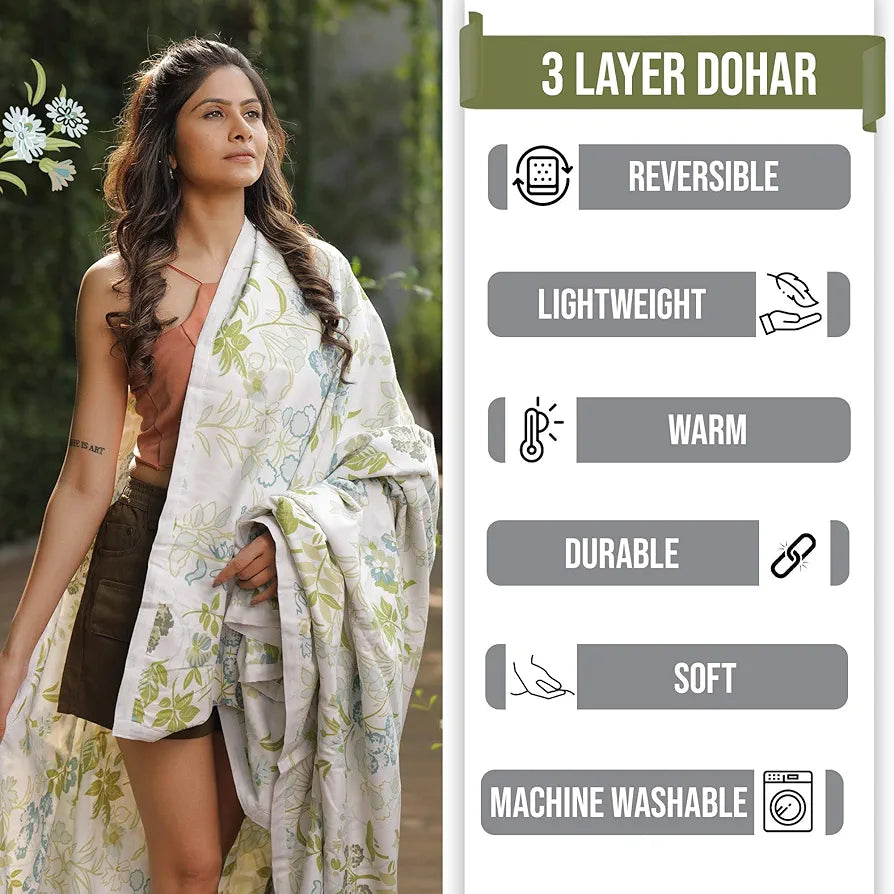 Divine Casa Floret 100% Cotton Single Dohar 120 GSM Soft & Lightweight Throw Blanket Colour Floral Breeze