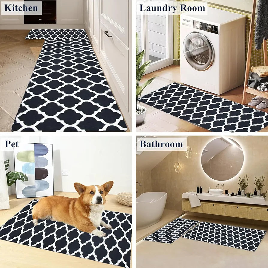 Ishro Home Velvet Premium Kitchen Mats For Floor Kitchen Runner 2 Pcs Set Colour Black Diamonds