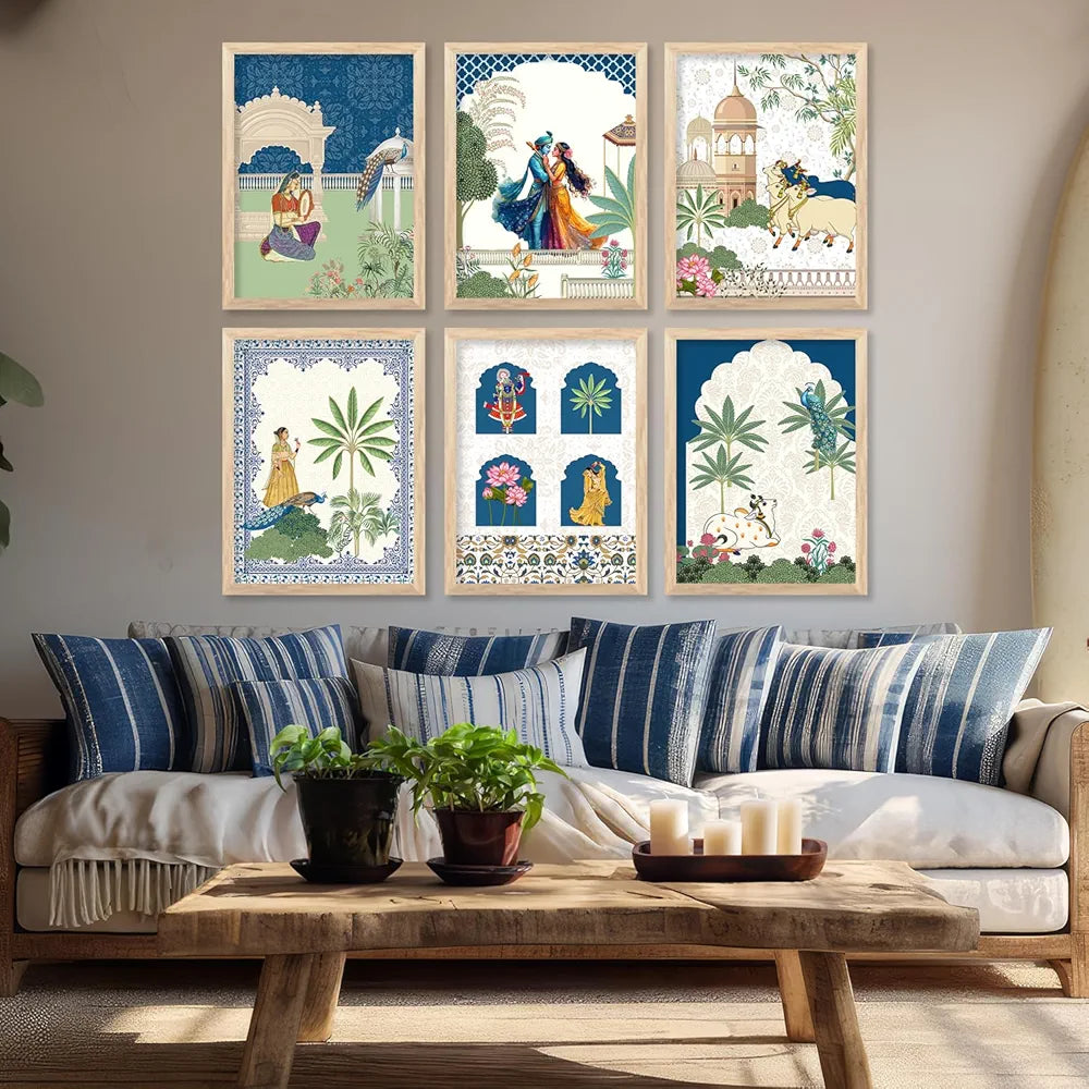 Kotart Framed Wall Painting Traditional Indian Wall Art Madhubani Paintings set of 6 C