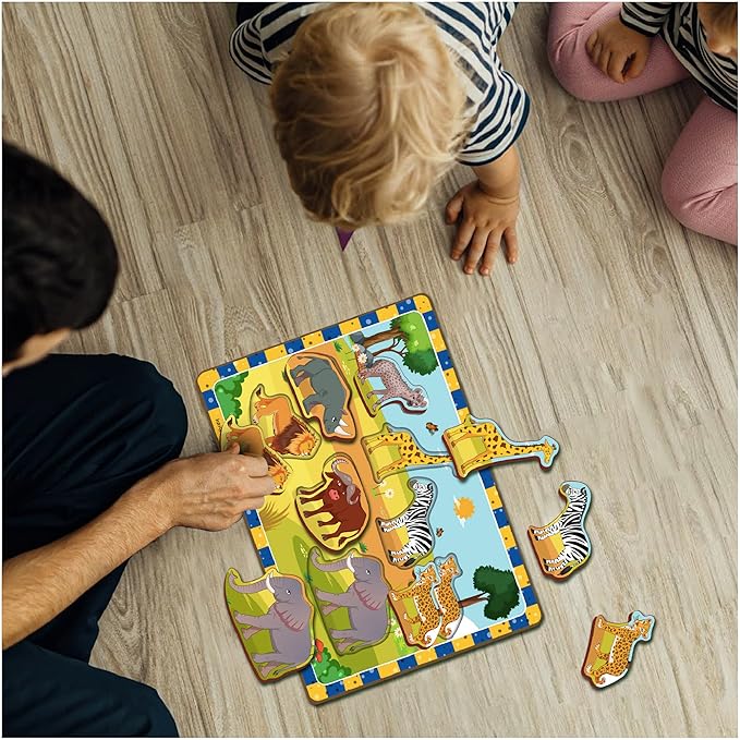 Mini Leaves Wooden Chunky Puzzle (2+ Years) - Learning Puzzle Toy Preschool Education Gift for Boys and Girls Wild Animal