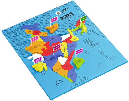 SPARTAN KIDS® India Map Puzzle, Learn Indian States & Capitals, Educational Toy for Ages 4-8, 25-Piece Jigsaw with Foam Frame, 33 Flags, 70 Capital Stickers, Geography Gift for Kids