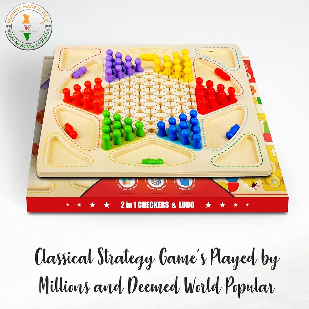 Trinkets & More - Chinese Checker Board & Ludo 2 in 1 Premium Wooden Classic Board Game for Adults and Kids Superb Family Office Game | Picnic Toys 3+ Years 