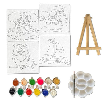 Mini Leaves Mini Canvas Art and Craft Paint Kit with Wooden Easel, Colours, Painting Brush for Girls Boys 4-6 Years DIY Kit | Set of 4