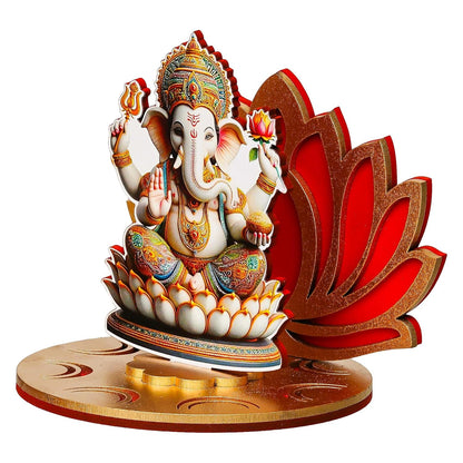 Ecraftindia Mdf Wooden Lord Ganesha Sitting on Lotus Flower Decorative Showpiece for Diwali