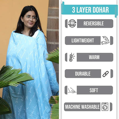 Divine Casa 120 GSM Microfiber Single Dohar Soft & Lightweight Throw Blanket Typographic Pattern Colour Sky Blue & White
