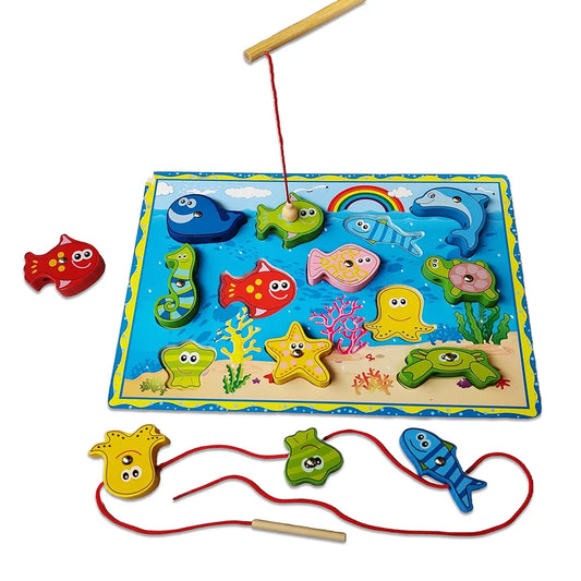 KIDS KINDLY Wooden Magnetic Fishing Game for Kids, Thread Lacing Activity, Promotes Fine Motor Skills, Improve Hand-Eye Coordination, Increases Attention, Fish Catching Game for Kids - 3 Years+