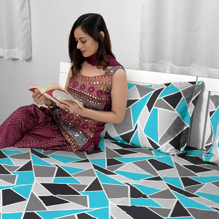 Divine Casa Bedsheet for Single Size Bed 144 TC Cotton Bedsheet for Single Size Bed with 1 Pillow Cover  Geometric Colour Aqua Grey
