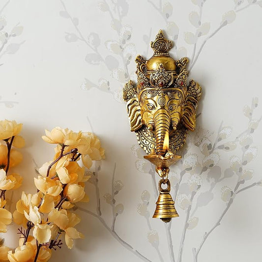 Ecraftindia Golden Metal Lord Ganesha Wall Hanging Diwali Diya With Bell