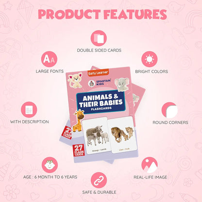SPARTAN KIDS Animals & Their Babies Flash Cards for Kids | 27 Early Learning Language_Skills Flash Cards Easy & Fun Way of Learning 1 Year to 6 Years Babies