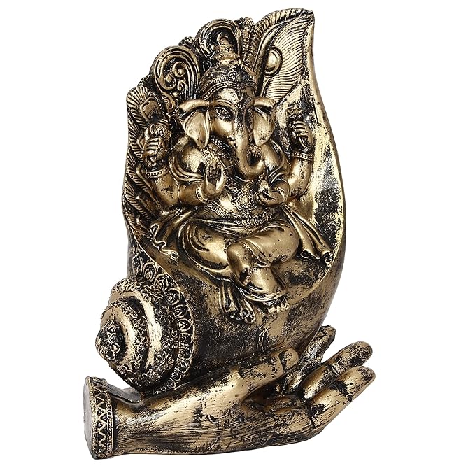 Ecraftindia Lord Ganesha Sitting on a Hand Base Handcrafted Decorative Polyresin Figurine