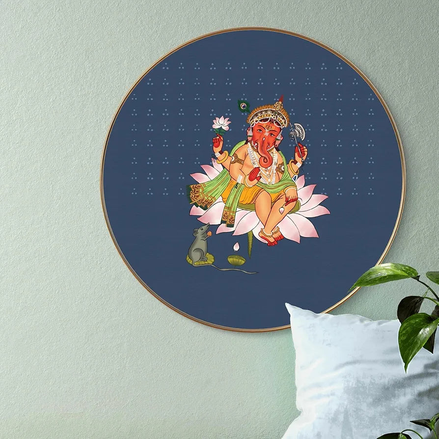 Livin'luxe Paintings Lord Ganesha on Lotus Wall Painting with Frame - Sparkle Glossy Round Golden Framed Large GRM-213