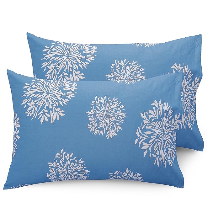 Huesland by Ahmedabad Cotton 144 TC Cotton Bedsheet for Double Bed King Size with 2 Pillow Covers | White & Blue
