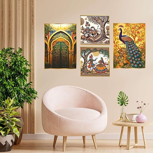 Set of Four Wall Paintings for Wall Decoration Golden Framed Wall Paintings for Living Room & Office Wall Decor (13×10 inch CH-GD4-6)