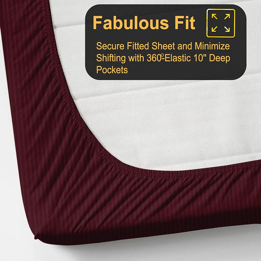 Fresh From Loom 240 TC Satin Striped Soft Fitted Bedsheet King Size Bed with Two Pillow Cover Elastic Multicolor Maroon