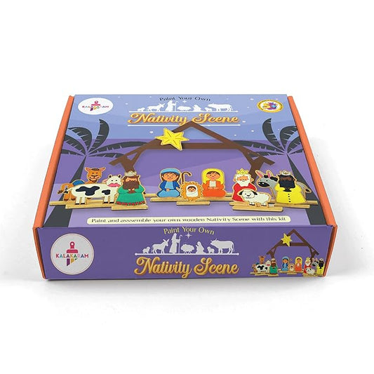 Kalakaram Diy Wooden Nativity Scene Painting Kit, Paint & Assemble Wooden Nativity Scene at Home, Christmas Theme Craft Kit | Activity Kit for Kids