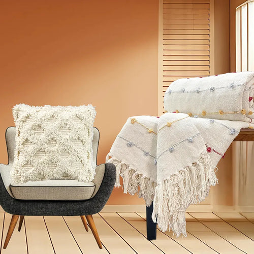 Sajavat Home Hand-Knitted Pure Cotton 3 Seater Sofa Throw Colour Beige Multi