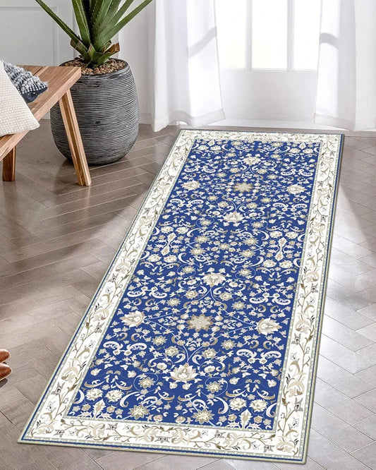 Ishro Home Velvet Premium Modern Runner Rug For Bedroom, Kitchen Colour  Geometrical Blue