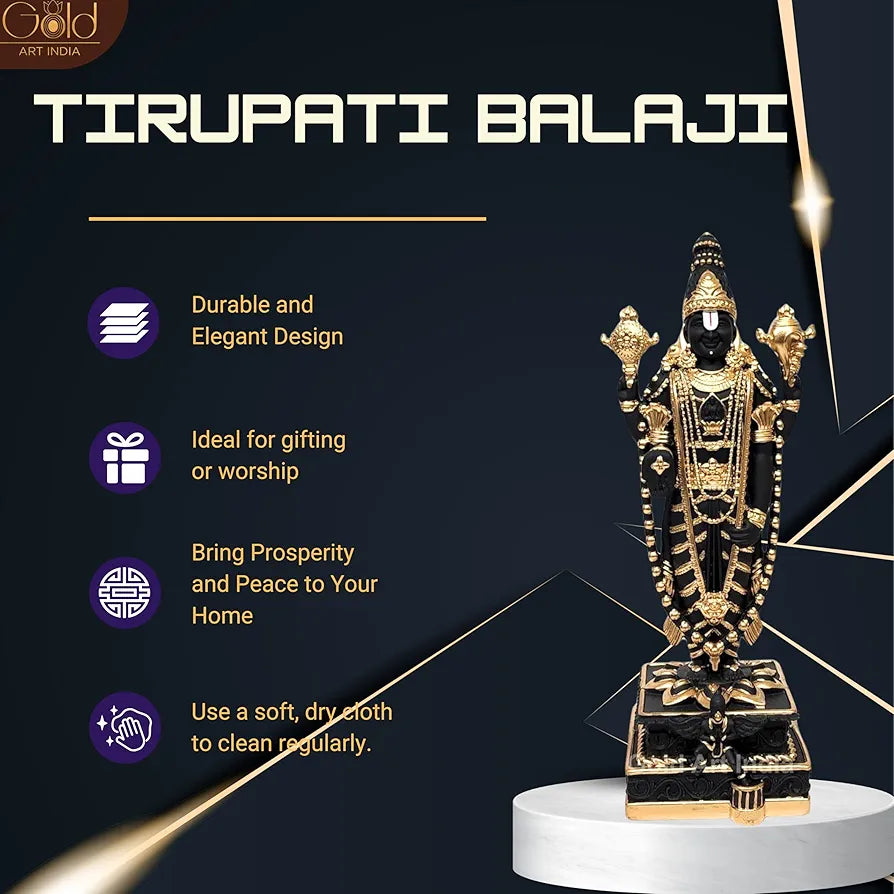 Gold Art India Lord Tirupati Balaji Black Terracotta Idol with Golden Color Work