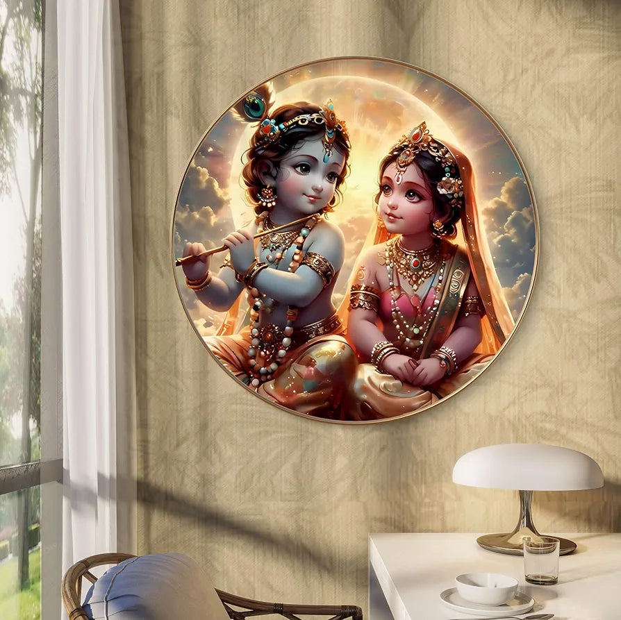 Livin'luxe Paintings Krishna and Radha Childhood Divine Love Wall Painting with Frame - Sparkle Glossy Round Golden Framed Large