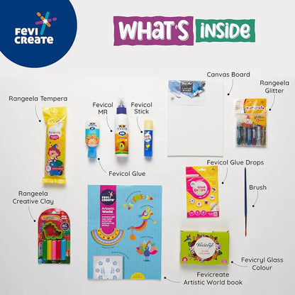 Fevicreate Art & Craft Kit | with Transparent Backpack | Value Pack with Crafting Essentials for Children | School Kit | Colours, Canvas, Activity Book, Glues | Gift for Boys & Girls Ages 5+