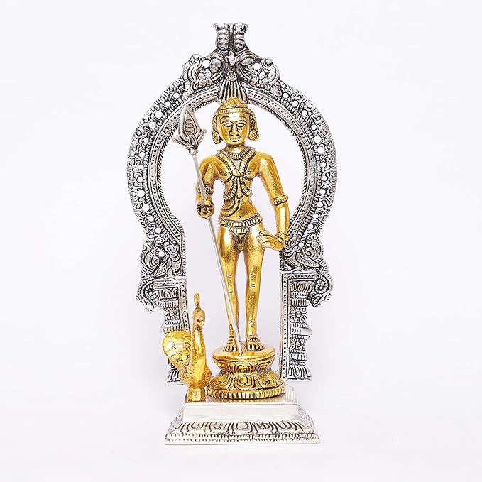 KridayKraft Metal Murugan Swami Kartikeya Statue Standing with Peacock Subramanyam Murti