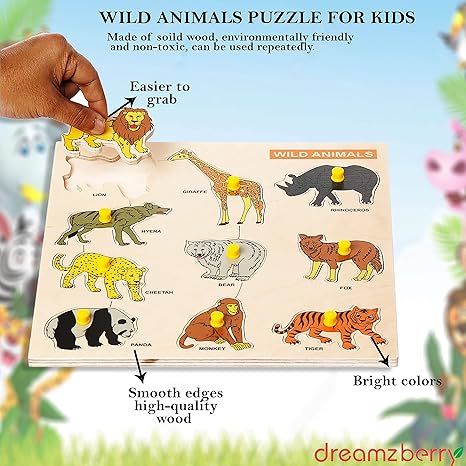 Dreamzberry Wooden Puzzles for Kids Colorful Wild Animal Kids Puzzle with Wooden Knob