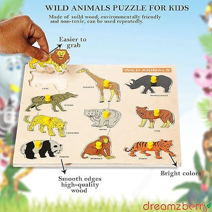 Dreamzberry Wooden Puzzles for Kids Colorful Wild Animal Kids Puzzle with Wooden Knob