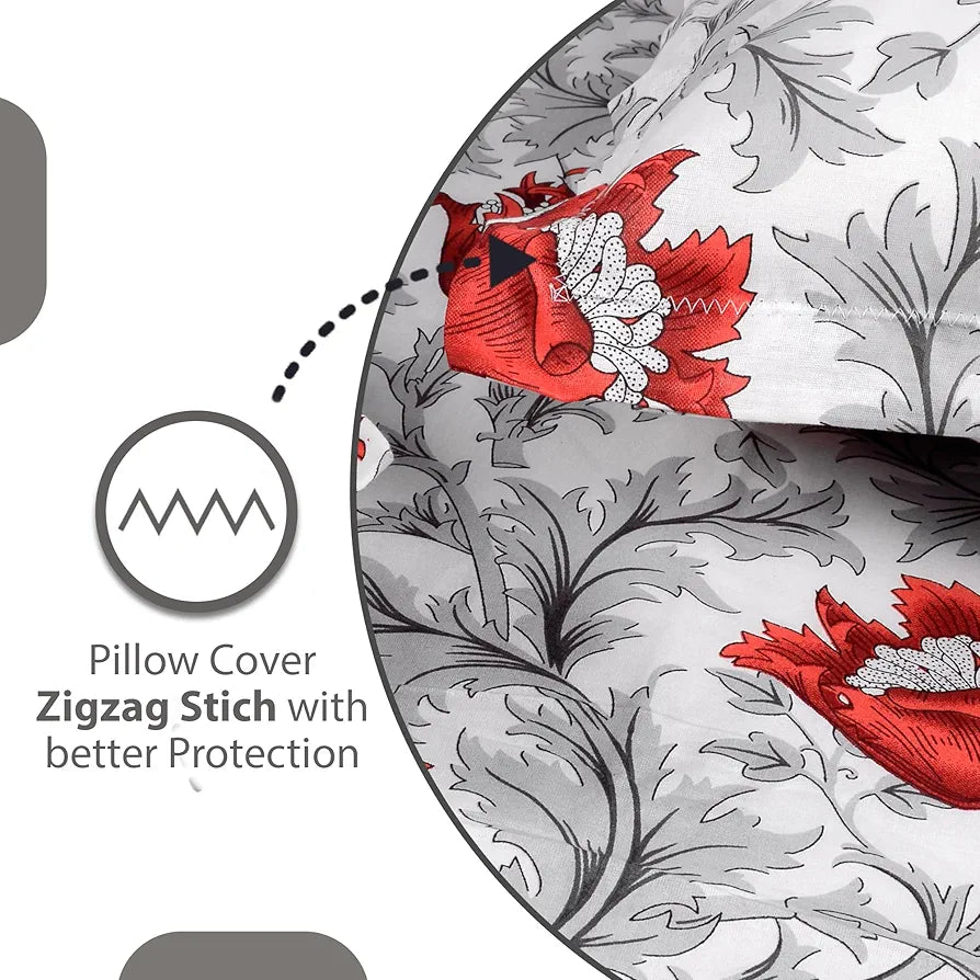 Divine Casa 144 TC 100% Cotton Bedsheet for Single Bed with 1 Pillow Cover Scarlet Colour Grey