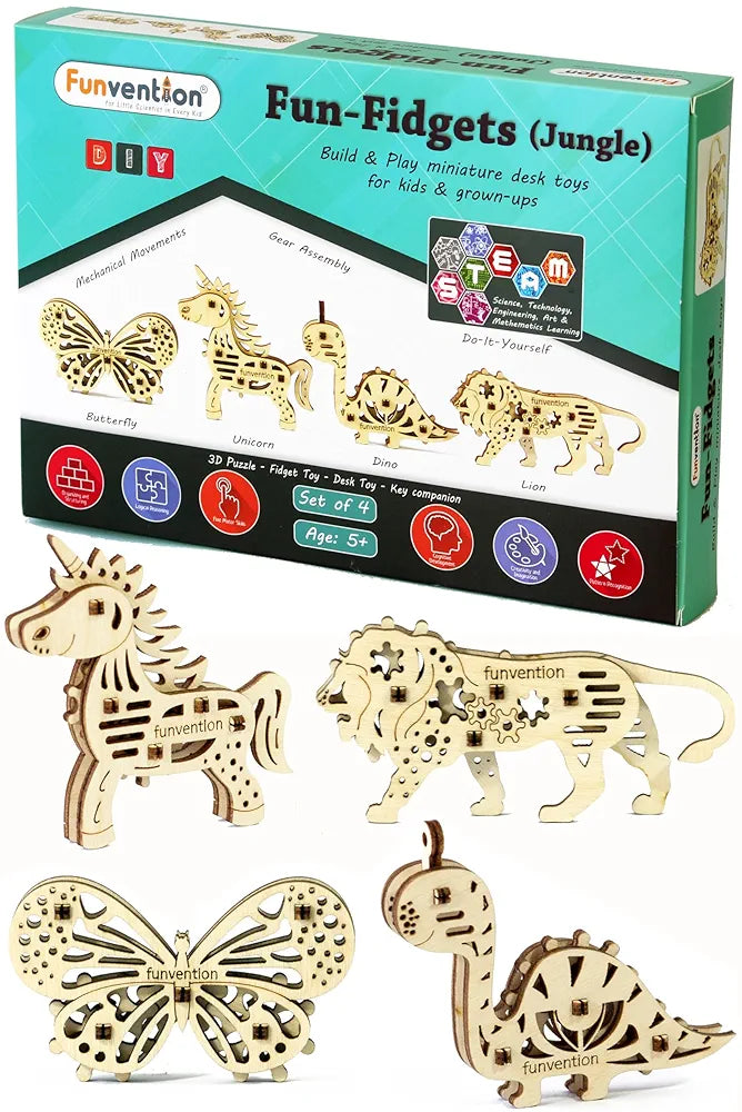 Funvention Engineered Jungle Wood Fun Fidgets DIY Miniature Mechanical Lion, Unicorn, Dino and Butterfly Models STEM Learning 3D Puzzle Kit -Set of 4