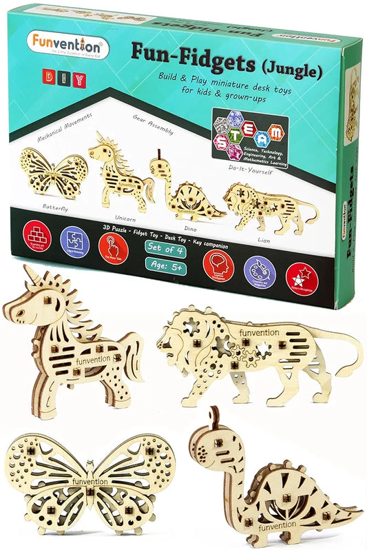 Funvention Engineered Jungle Wood Fun Fidgets DIY Miniature Mechanical Lion, Unicorn, Dino and Butterfly Models STEM Learning 3D Puzzle Kit -Set of 4