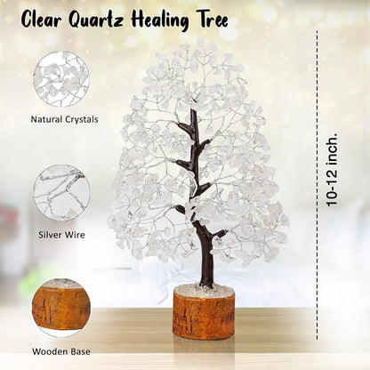 Crocon Clear Quartz Gemstone Money Tree Feng Shui Bonsai Silver Wire