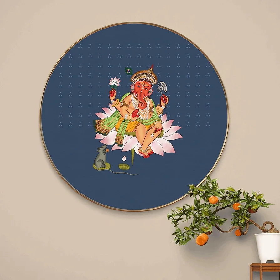 Livin'luxe Paintings Lord Ganesha on Lotus Wall Painting with Frame - Sparkle Glossy Round Golden Framed Large GRM-213