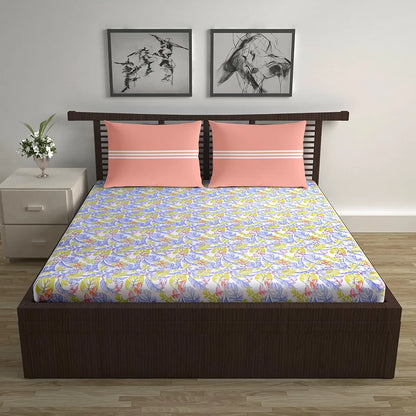Divine Casa 144 TC Cotton Double Bedsheet with 2 Pillow Covers Tropical Breeze Colour Lavender Gold