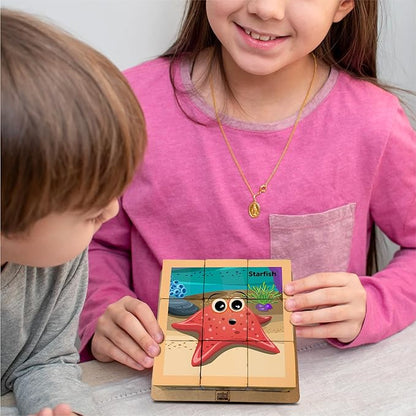 Mini Leaves 6 in 1 Ocean Animal Wooden Cube Blocks Puzzle 6 Sides With 6 Animal With Storage Tray Kids 3+ Years