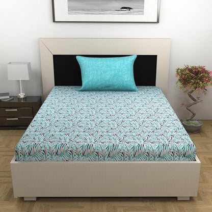 Divine Casa 144 TC 100% Pure Cotton Single Size Bedsheet with 1 Pillow Cover Tropical LeafColour Light Blue Pink