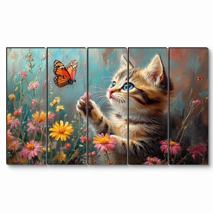 Livin'luxe Cute Kitten Wall Painting Cat & Butterfly Floral Art 5 Panel HD Painting Framed Artwork XL-35433
