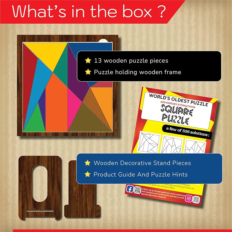 Playhills Geometric Challenge Puzzle | The World's First Puzzle- Stomachion Square by Archimedes | Fun & Challenging Game for Teenagers and Adults with Decorative Stand  Age 13+