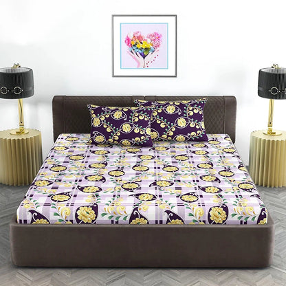 Divine Casa Double Size Bedsheet for Double Bed 144 TC Pure Cotton Queen Size with 2 Pillow Covers Floral Colour Royal Lilac