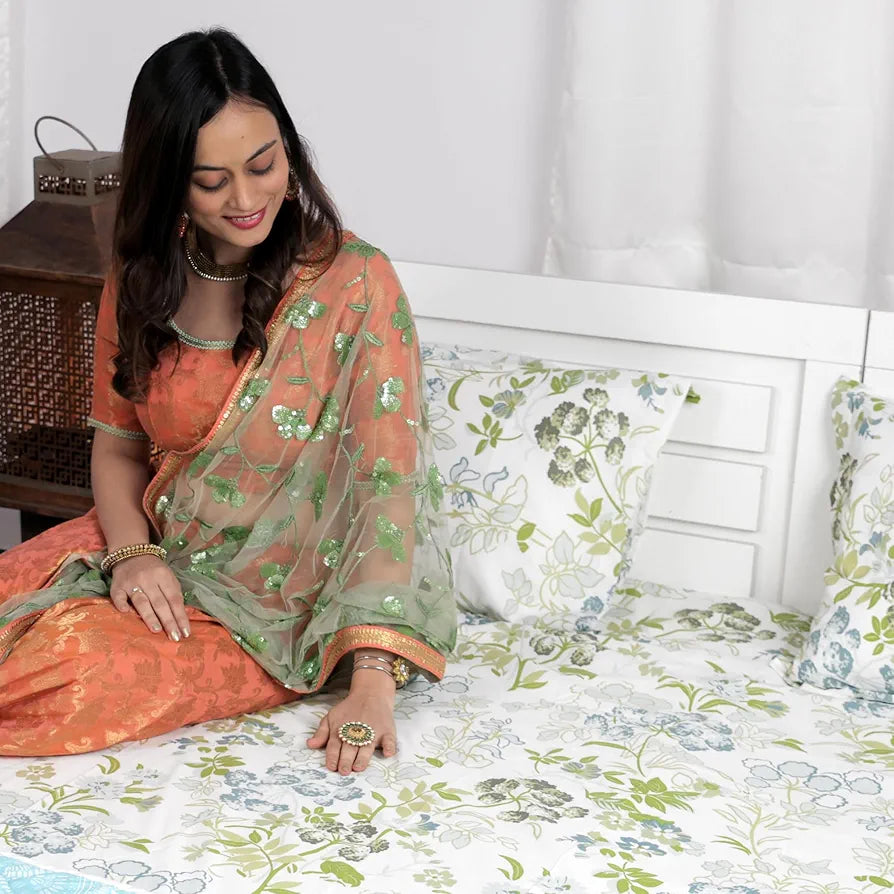 Divine Casa Bedsheet for Single Size Bed 144 TC Cotton Bedsheet for Single Size Bed with 1 Pillow Cover  Floral Colour Green Blush