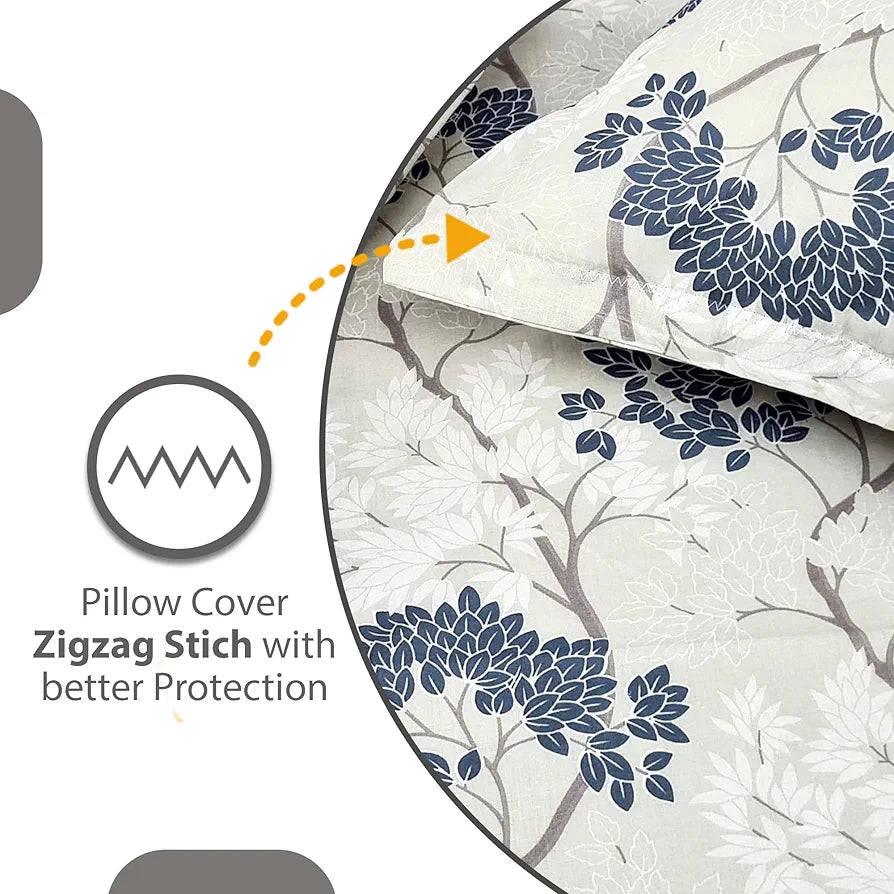 Divine Casa Bedsheet for Single Size Bed 144 TC Cotton Bedsheet for Single Size Bed with 1 Pillow Cover  Floral Colour Grey Blue