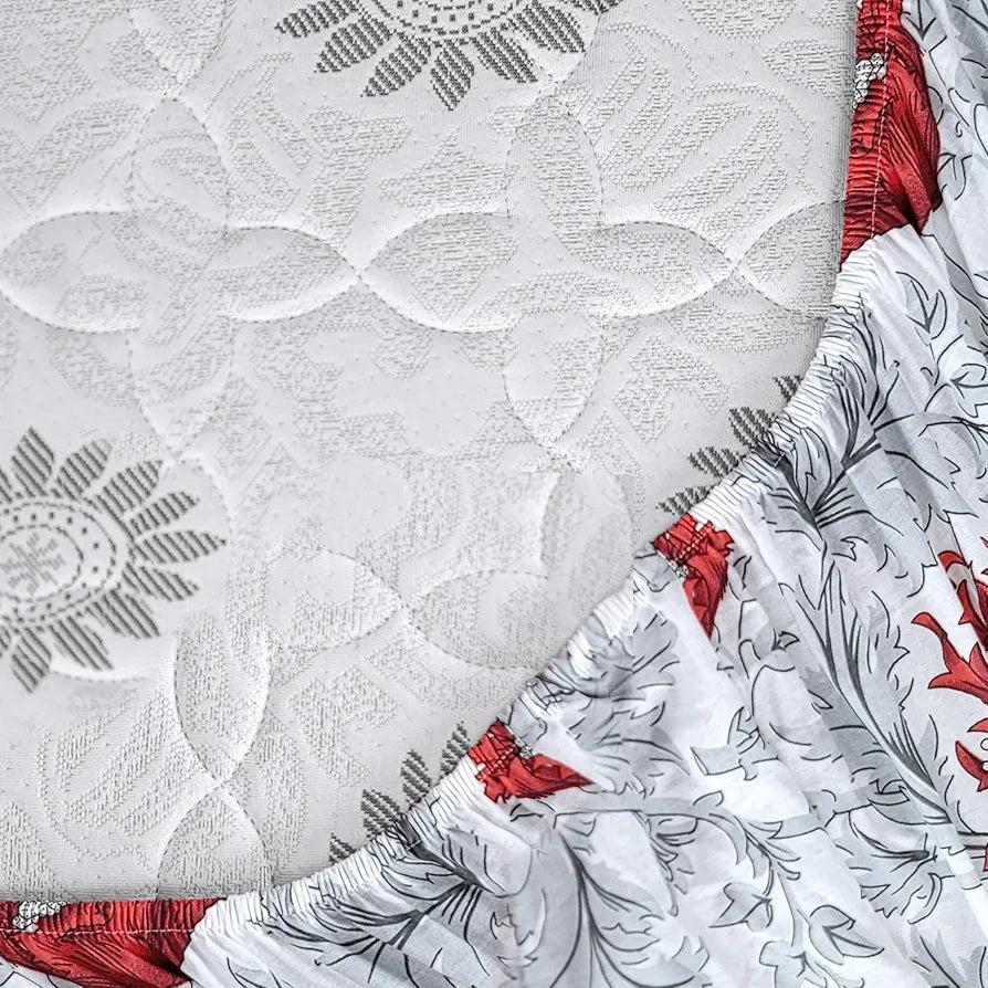 Divine Casa 144TC 100% Cotton Fitted Bedsheets Queen Size Printed Double King Bed Size Elasticated Fitted Bedspread with 2 Pillow Covers Colour Red Mist