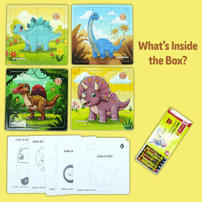 Butterfly EduFields 4-in-1 Dinosaur Jigsaw Puzzle Set for Kids | 38 Pcs Brain Boosting Puzzle Toy for Boys & Girls Age 3 4 5 6 7 | Preschool Learning with Coloring Sheets | Dino Gift for Kids