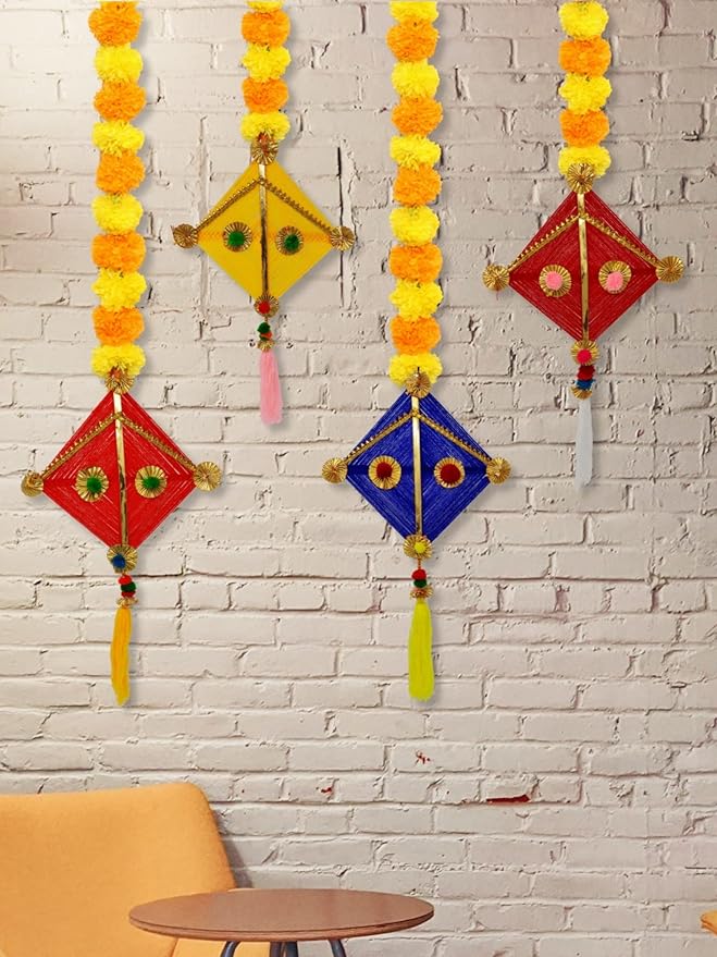 JH Gallery Handmade Artificial Marigold Fluffy Flowers Colorful Woolen Kite Hangings Pack of 4