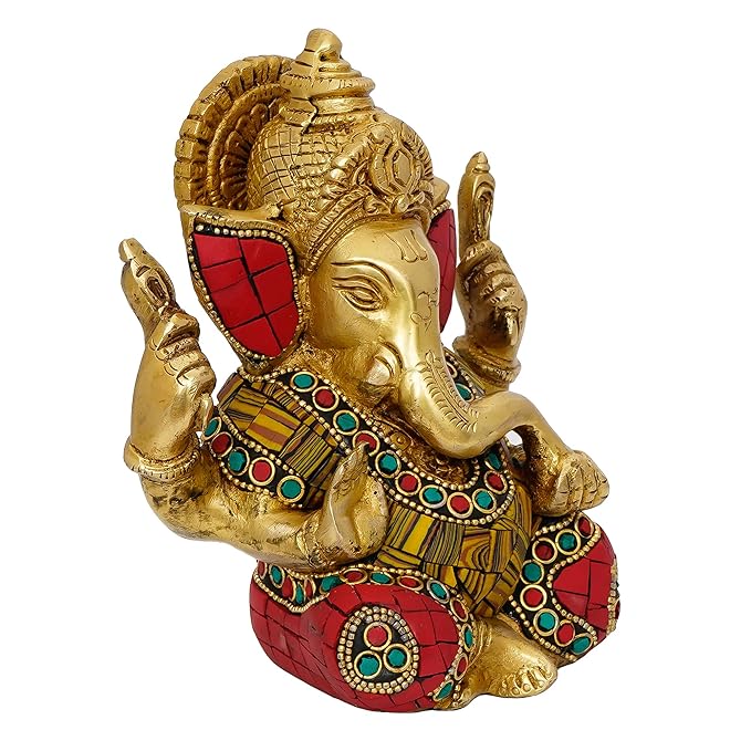 Ecraftindia Handcrafted Golden Brass Chaturbhuj Lord Ganesha Idol With Colorful Stone Work