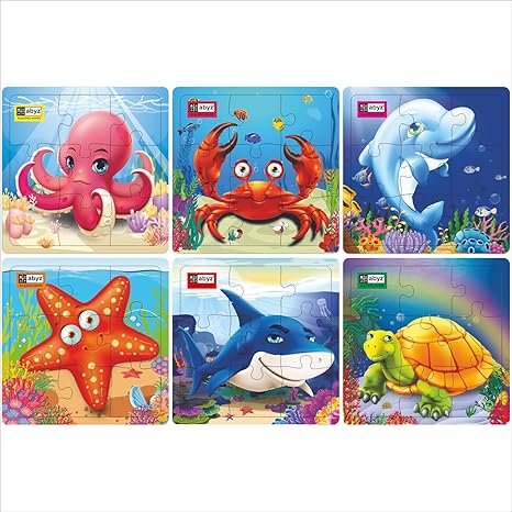 ABYZ Wooden Underwater Animal Jigsaw Games for Kids & Children Paperless Puzzle 9 Pieces (Set of 6)