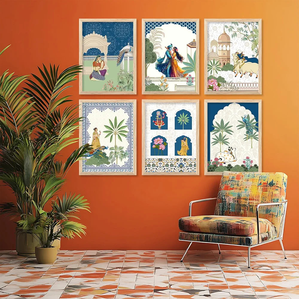 Kotart Framed Wall Painting Traditional Indian Wall Art Madhubani Paintings set of 6 C