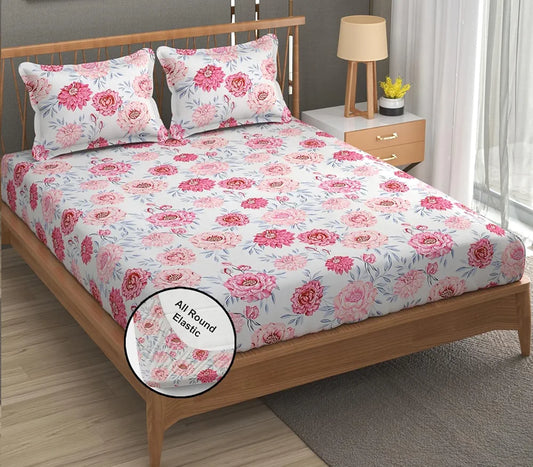 Fresh From Loom Floral Print 240 TC King Size Microfiber Fitted Bedsheet Set Soft & Anti Fade 2 Pillow Covers Included Rose-Offwhite