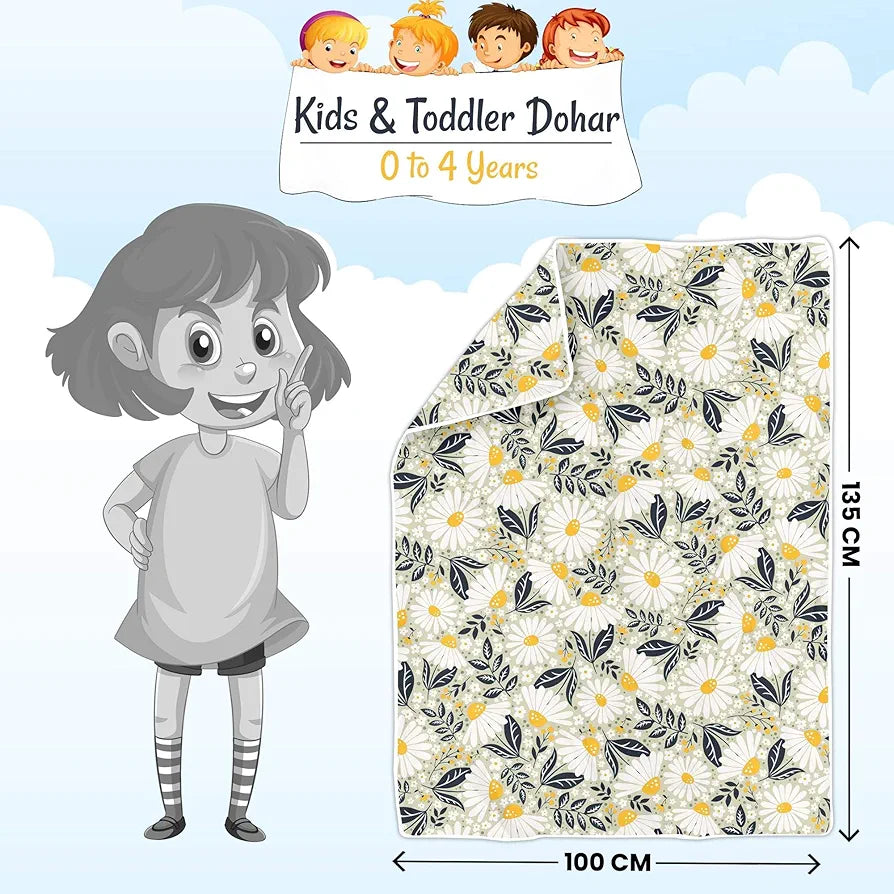 Divine Casa Floret 100% Cotton Single Kids Dohar 120 GSM Soft & Lightweight Throw Blanket Colour Vintage Daisies