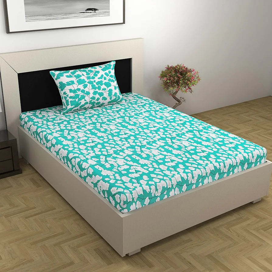 Divine Casa 144 TC Cotton Bedsheet for Single Bed with 1 Pillow Cover Colour Teal & White