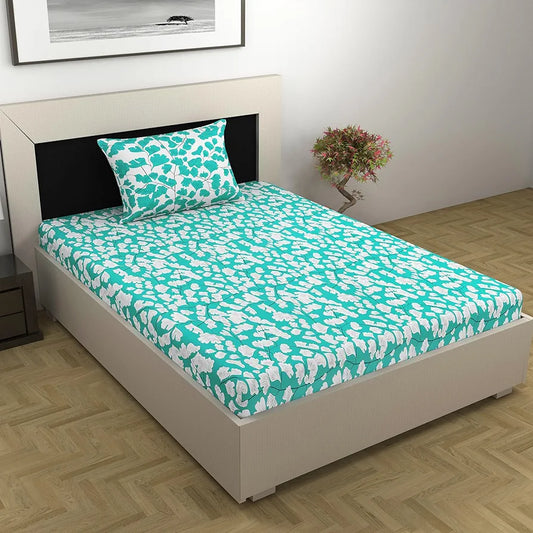 Divine Casa 144 TC Cotton Bedsheet for Single Bed with 1 Pillow Cover Colour Teal & White
